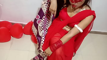 Indian bride in red saree enjoys Valentine's Day with her husband